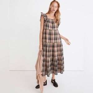 Madewell Flutter-Sleeve Tiered Midi Dress in Plaid